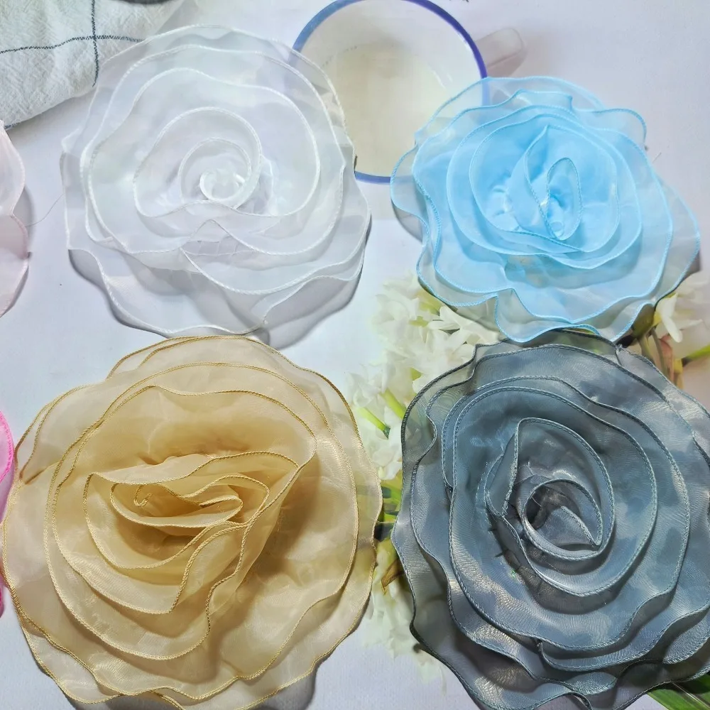 Organza Brooch Fashion DIY Sewing Applique 27CM Rose Flower Patch Fabric Artificial Chest Flower