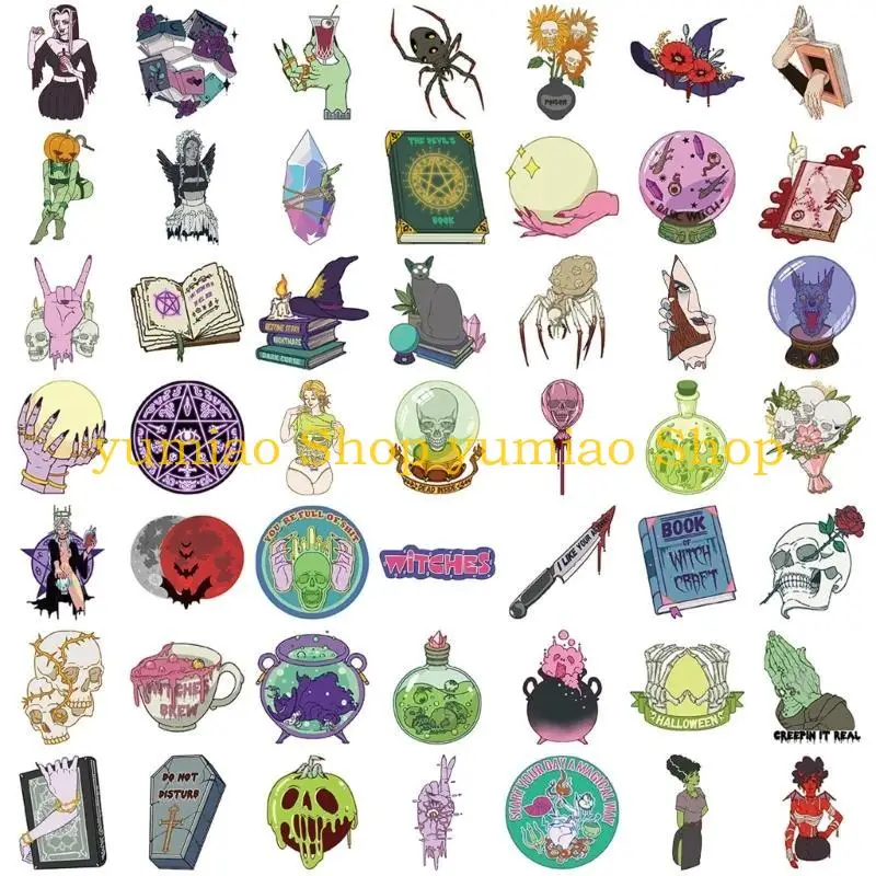 587B 50 Witch Doodles Stickers Waterproof PVC Decals For DIY Projects Electronics Decorations Easy Peels Off Design