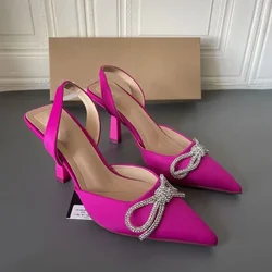 Nuove 2024 décolleté donna Slingback tacchi alti Crystal Bowknot Party Dress Shoes donna Sexy sandali con tacco a spillo a punta