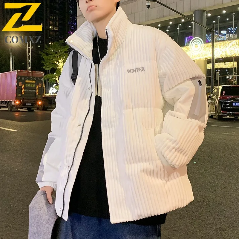 COMXZ Men Parker Coat Warm Lightweight Stand Collar Corduroy Down Jacket Ski Travel Windproof Slim Snow Cotton Padded Jacket