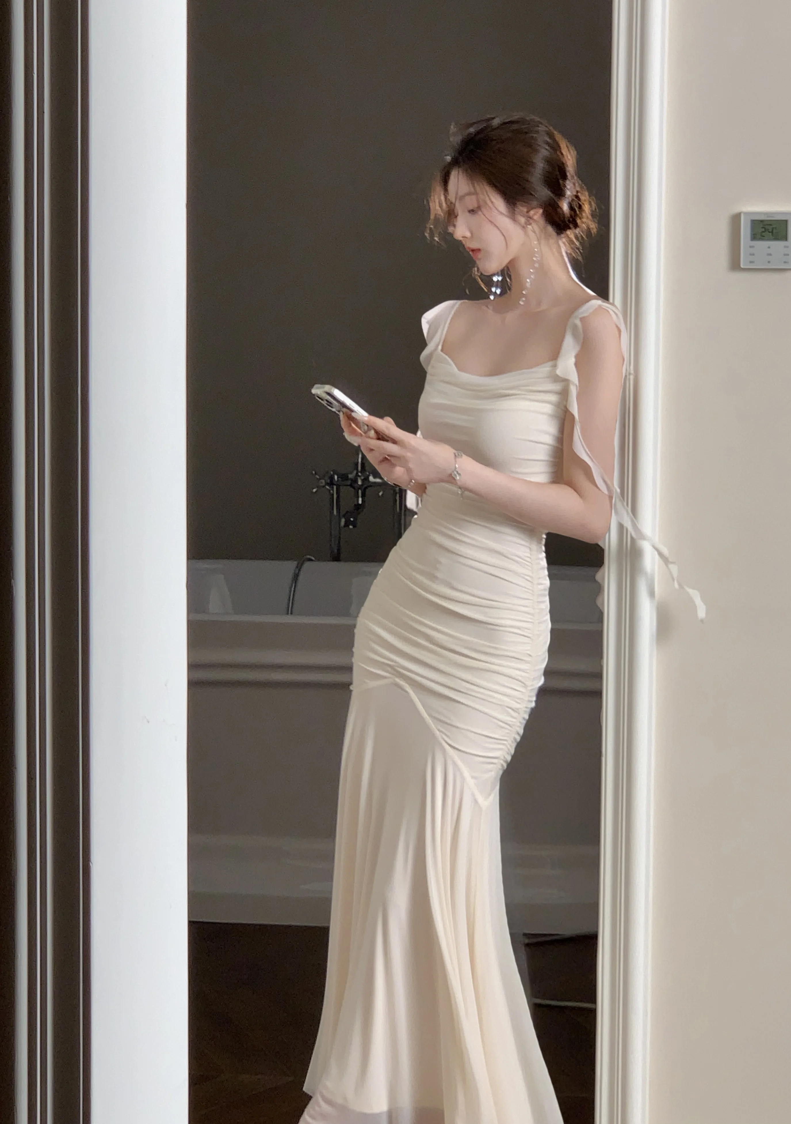 المرأة عالية الخصر مطوي سليم صالح الدانتيل السباغيتي فستان بحزام مثير Bodycon أكمام حورية البحر فساتين شبكية مساء ملابس للحفلات #5