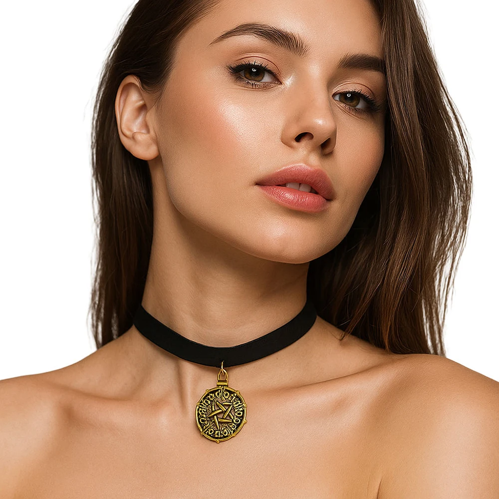 DCARZZ Gmae Movies Medallion Pendant Necklace Leather Choker Sexy Cosplay Jewelry Gothic Gifts for Women Girls Fans