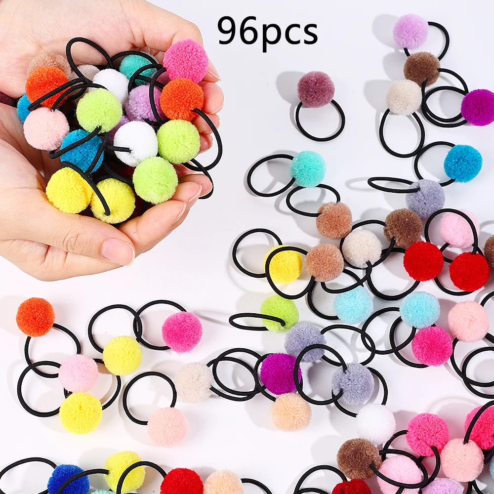 96pcs Cute Pompom Hair Ties for Little Girls Elastic Hair Rubber Bands Hair Ties Ponytail Holder Sweet Hair Accessories Headwear