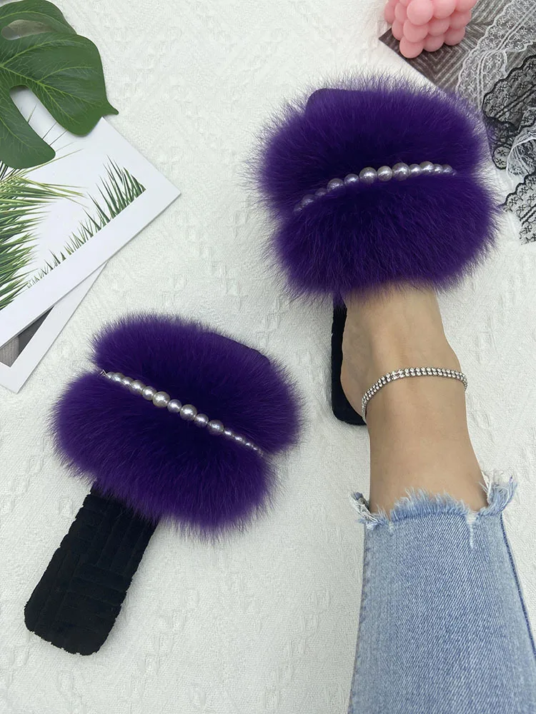 Woman Pearl Chain Flannel Flats Slippers Ladies 100% Natural Raccoon Fur Slides Fluffy Female Luxury Fox Fur Flip Flops Sandals