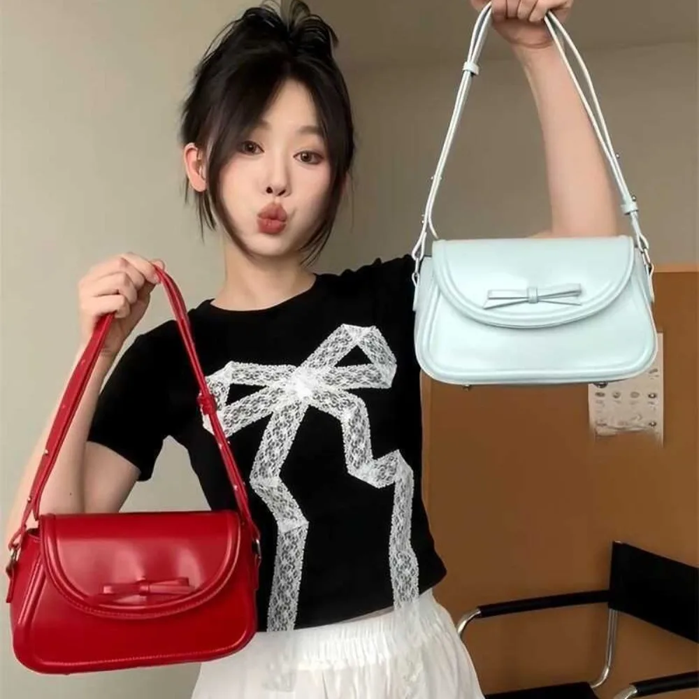 Nuevo Bolso para axila con diseño de lazo, bolso cuadrado pequeño Y2K de piel sintética, bolsos de mano de Color sólido para mujer