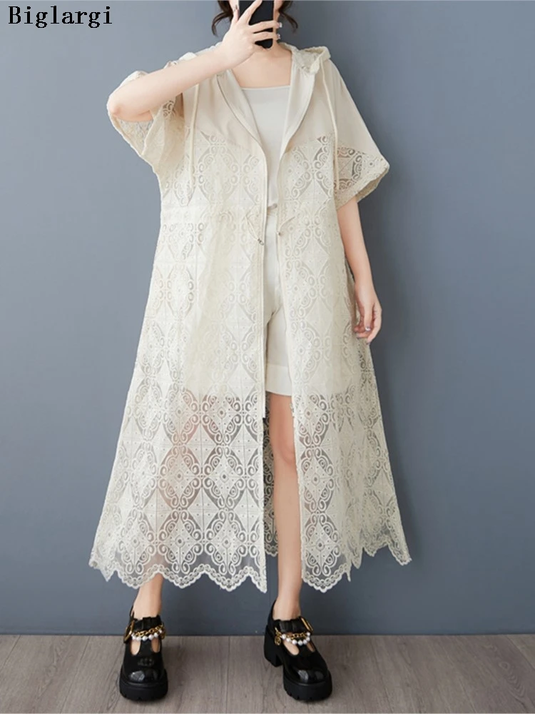 

Oversized Summer Hooded Dress Coat Women Hollow Out Embroidery Patchwork Fashion Ladies Dresses Ruffle Loose Woman A-Line Dress