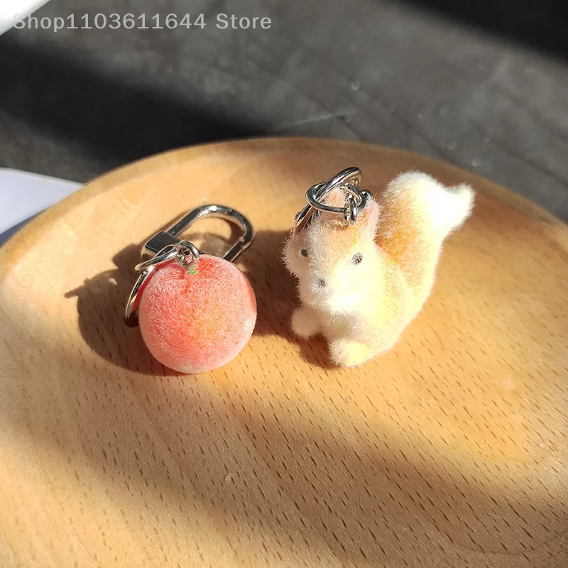 Flocking Squirrel Oranges Keychain Cute Cartoon Animal Fruits Keyring Car Key Holder Girl Bag Pendant Earphone Case Charms