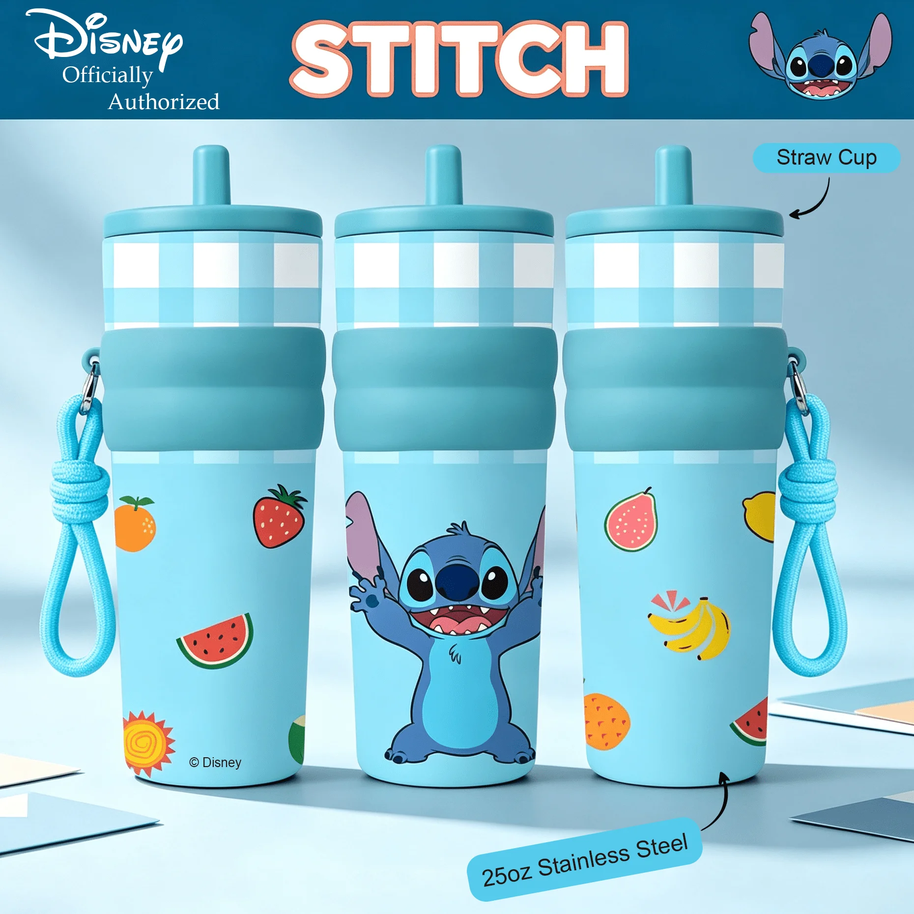 Vaso de acero inoxidable Disney Blue Stitch de 25oz, taza de viaje aislada con cuerda para colgar, taza portátil para coche y exteriores, 1 ud.