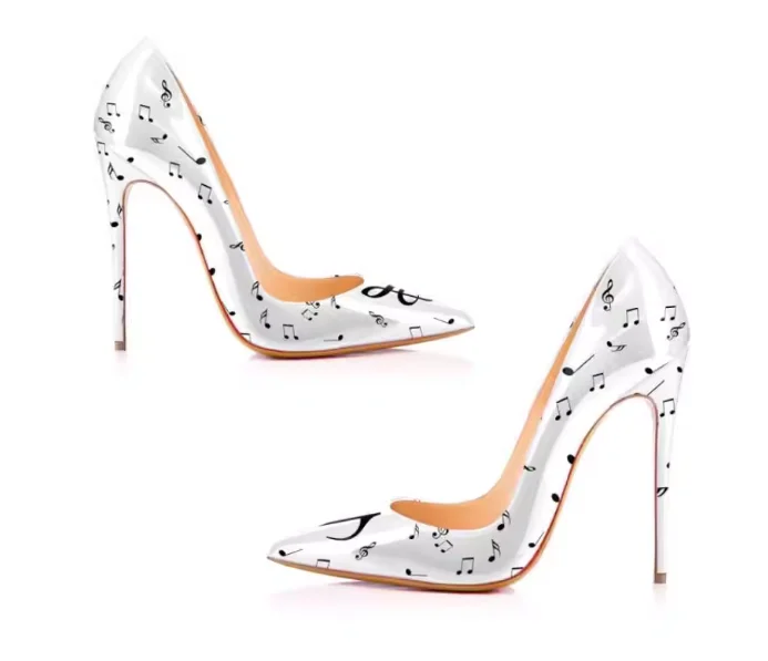 

European American style high heels women's slim heels note patterns white pointed workplace shallow mouth plus size single shoes