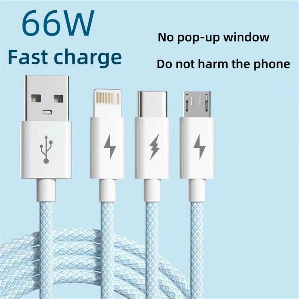 

6A 3-в-1 USB-кабель Type-C 66 Вт Провод для сверхбыстрой зарядки для Huawei Xiaomi Samsung OPPO iPhone USB C Зарядное устройство Шнур для передачи данных 1,2 м Нейлон