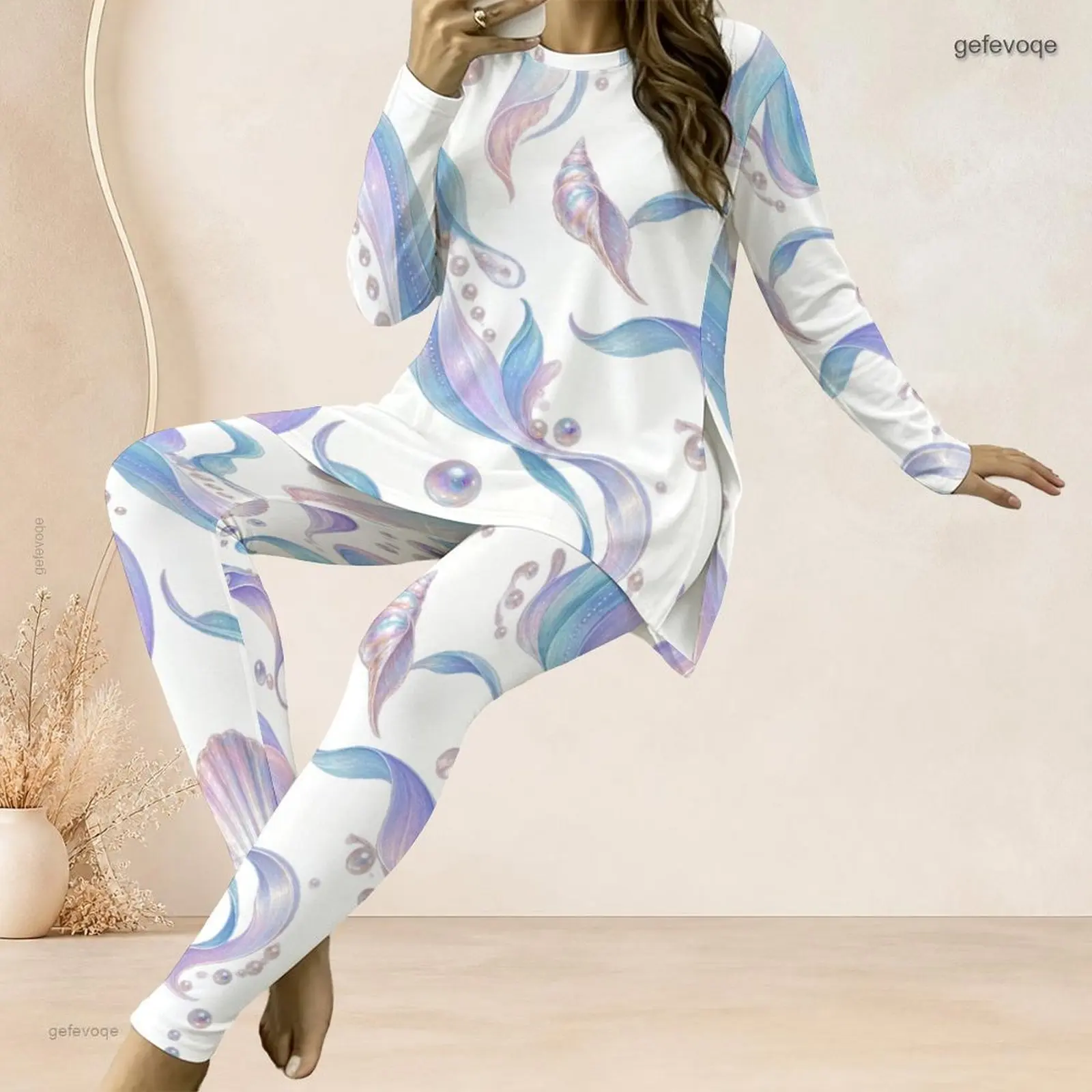 Women White Printed Pastel Blue Purple Seashell Pattern Round Neck Long Sleeve Longline Top and Leggings Two Piece Set