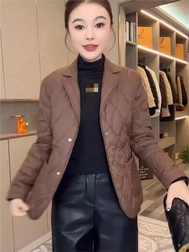 Korean Style Women's Cotton Jacket Versatile Autumn Winter New Design Pressed Grid Slim Fit Warm Top Button Pocket Detail