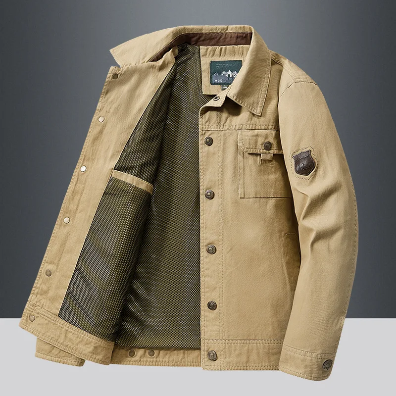 Herren-Jacke in Khaki mit Langen Ärmeln, Armeegrüner Einreihiger Mantel mit Revers und Marineblaue Freizeitoberteile