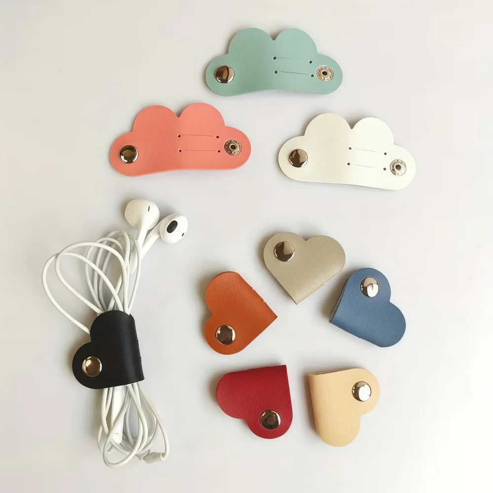 10pcs Simple Solid Color Heart-shaped Leather Cable Organizer, Data Storage, Anti Loss Cable Tie, Charging Cable Organizer