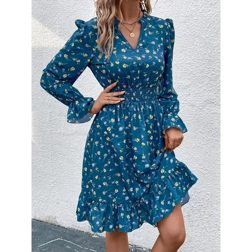 Herfst Winter Bloemenprint Lange Sve Dames Dr Taille Cinched Ele Fairy T Sle Riding Geschikt Maxi Dr