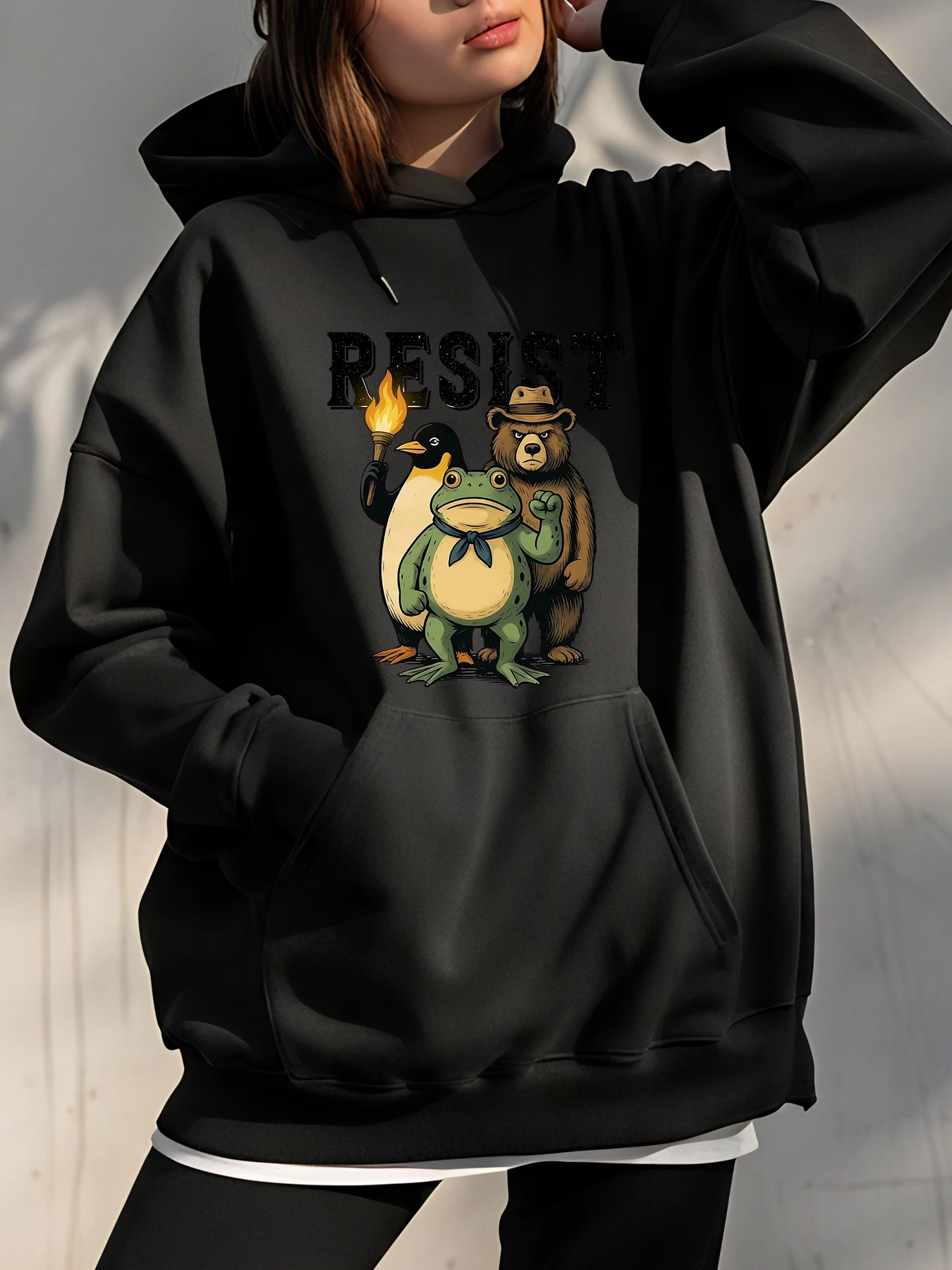 เสื้อฮู้ดลายสัตว์ฮาโลวีน ลายการ์ตูนกบ หมี เพนกวิน ดีไซน์ลำลอง สตรีทแวร์ผู้หญิง น้ำหนัก 220 กรัม