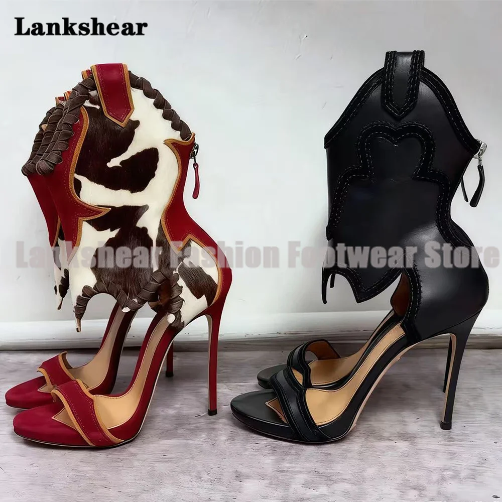 

Candy Colors Western Sandals Leopard Patchwork Hollow Cuts Open Toe Stiletto Heels Women Shoes Summer Sandalias De Mujer Verano