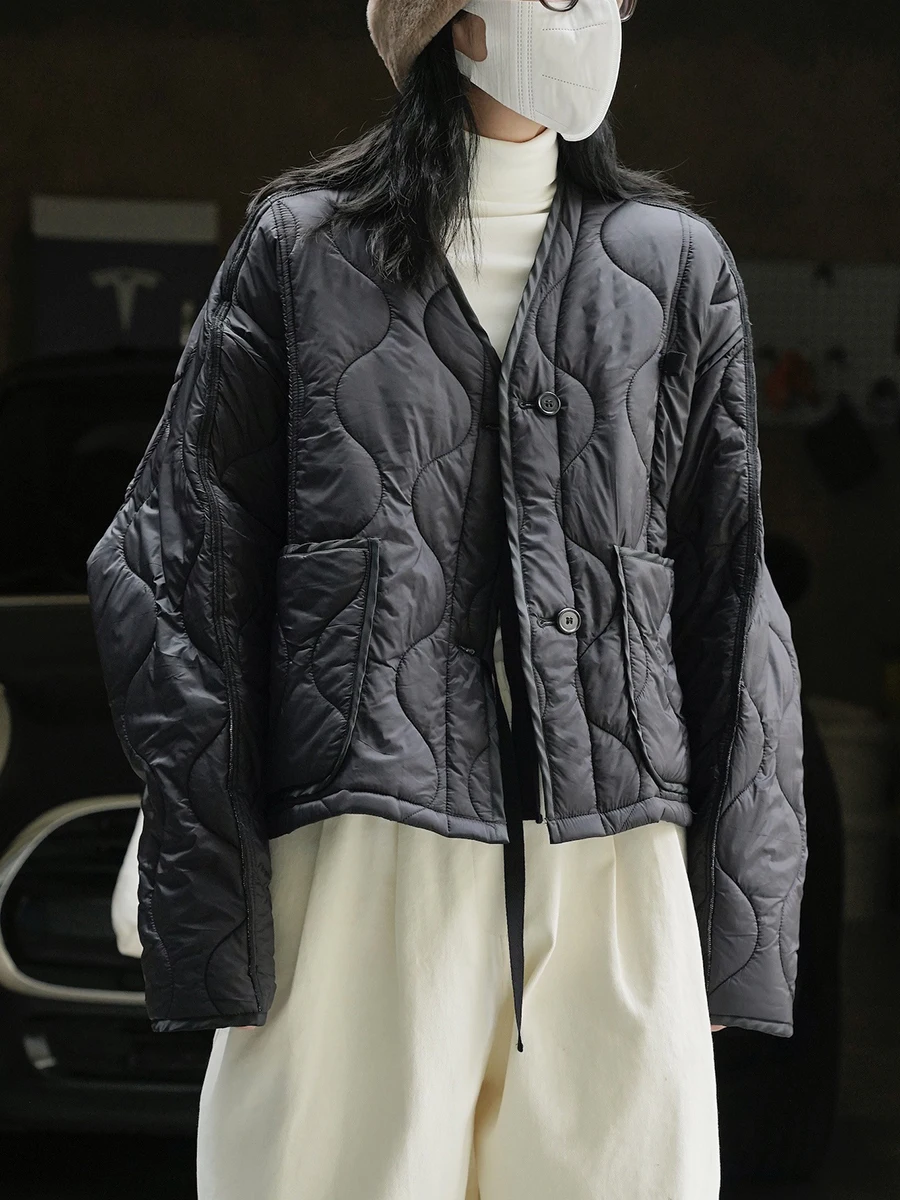 GALCAUR Spliced กระเป๋าลงเสื้อผู้หญิง V คอยาวแขนยาว Patchwork Single Breasted Casual Quilted Jacket หญิงฤดูหนาวใหม่