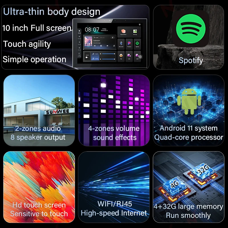 10 Inch Touch Screen TUYA ZIGBEE Smart Audio Wall Amplifier WIFI Android11 Bluetooth Music Control Panel 2+16G 8x30W Sound Syste