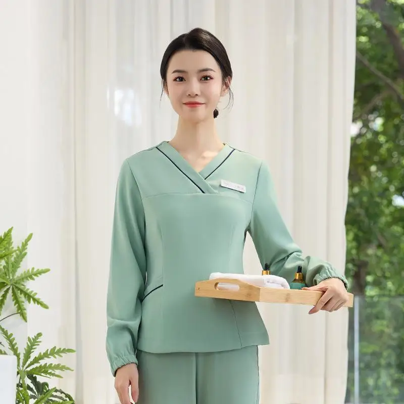 Beauty Salon Work Clothes V-neck Health SPA Medical Beauty Technician Long Sleeved Suit Professional Massage Uniform Print LOGO