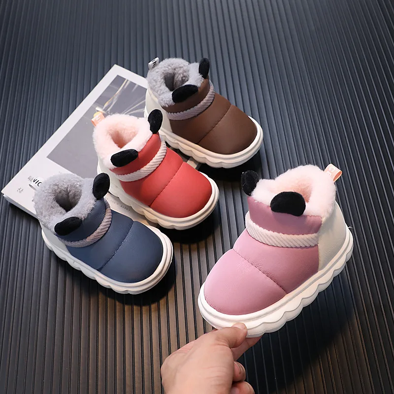 Winter Children Cotton Shoes Thicken Plush Snow Boots for Boys Girls Waterproof Anti Slip Ankle Boots Soft Sole Home Slippers