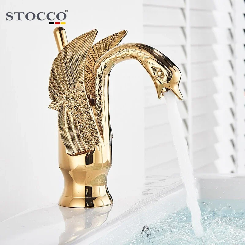 Gold Swan Bathroom Taps Basin Mixer Long Neck Faucet