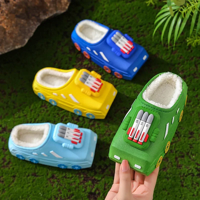 New Boys and Girls' Slippers Winter Plush Insulation Waterproof and Anti Slip Cotton Slippers Children's Cartoon Car Slippers