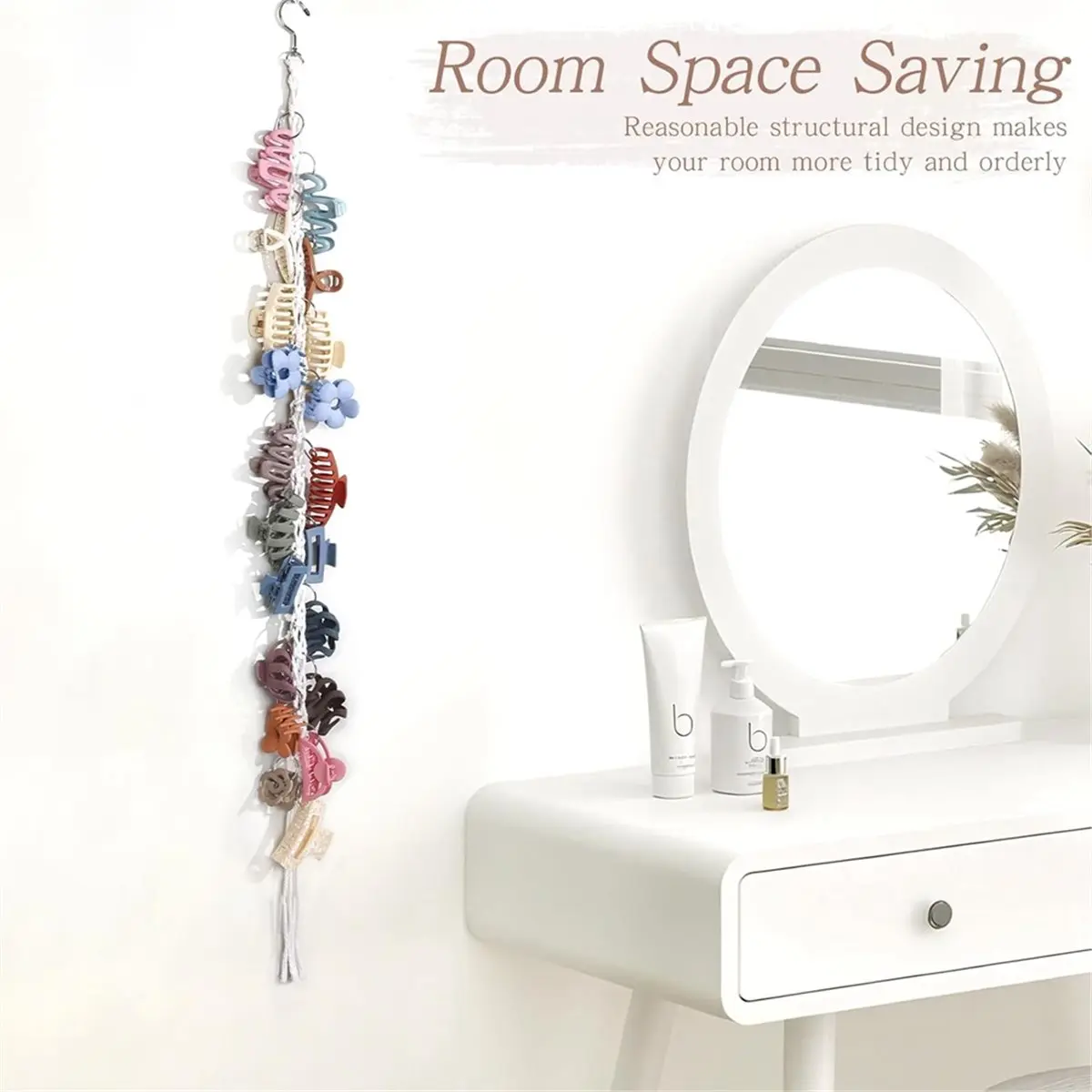 Time Saving Macrame Hair Claw Clip Organizer with Rotating Hook and 20 Metal Rings,Hanging Hair Clip Holder and Storage