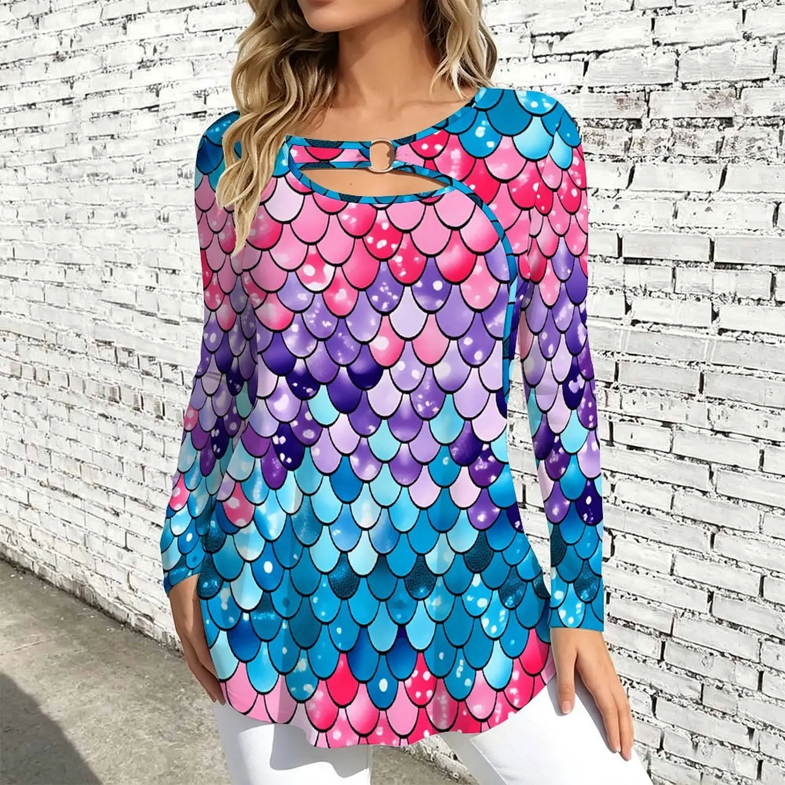 Women Long Sleeve Tunic Top Print O Ring Cutout Neck Loose A Line Hem Casual Ladies Blouse