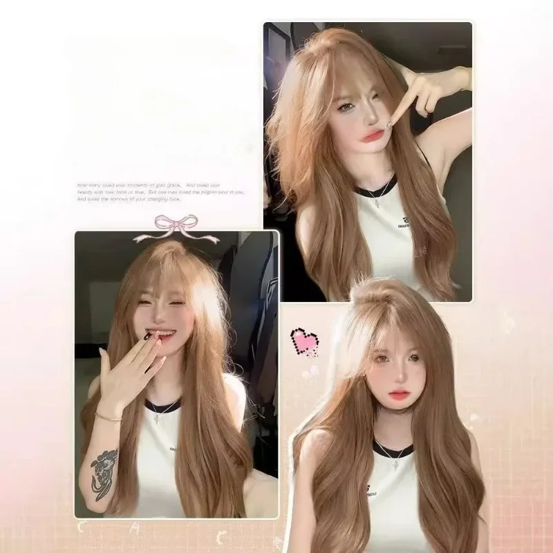 Wigs Popular Champagne color Long Deep Wave Hair Lolita cosplay Wigs With Bangs Synthetic Wig For Women Fashion Thick Curls