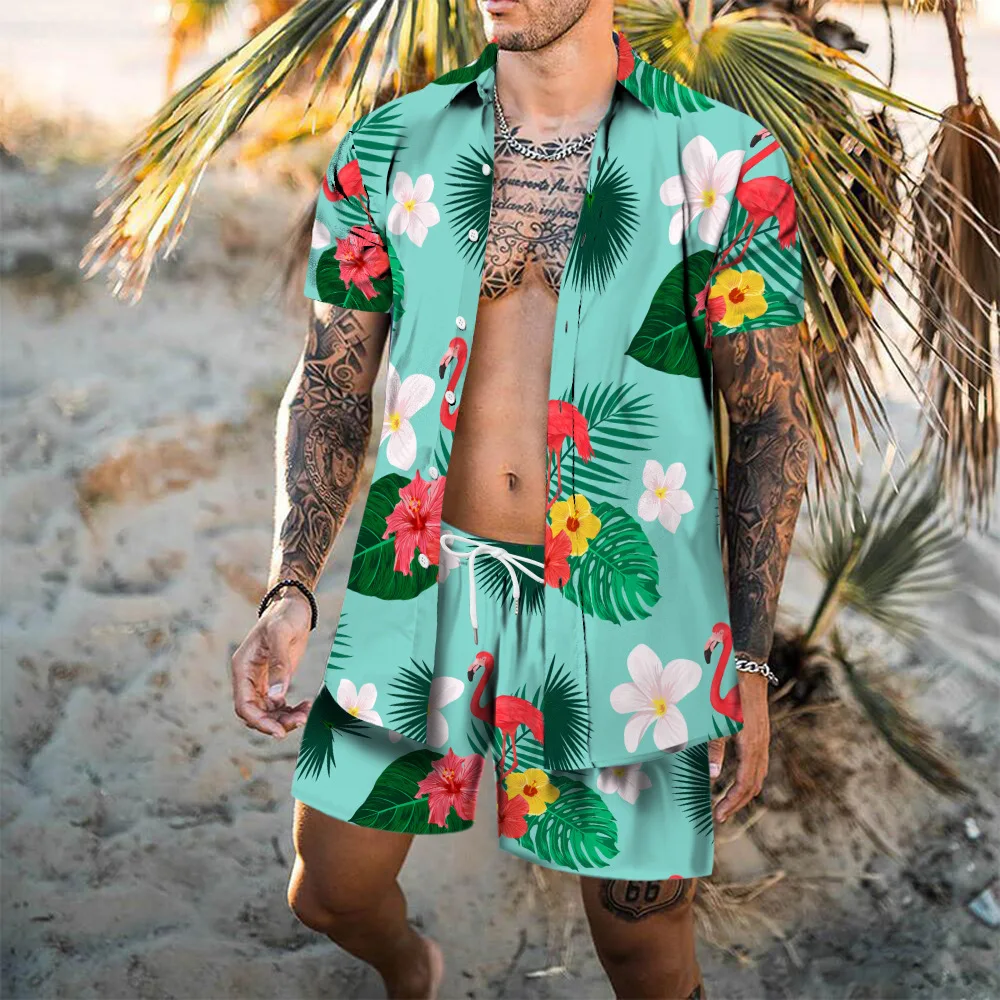 طقم عطلة كاجوال للرجال، شورت فضفاض مطبوع عليه الفلامنكو ثلاثي الأبعاد، وأكمام قصيرة ومجموعة قميص شاطئ هاواي