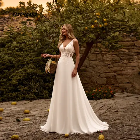 Customized Elegant Simple V-Neck Lace Chiffon Wedding Dress for Women A-Line Sleeveless Appliques Bride Gown Vestidos De Novia
