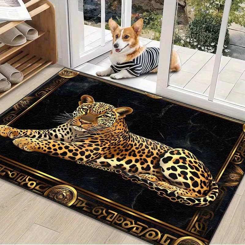 Leopard Gold Diamond Doormat, Indoor Outdoor Non Slip Rug, Washable Hallway Bedroom Living Room Carpet