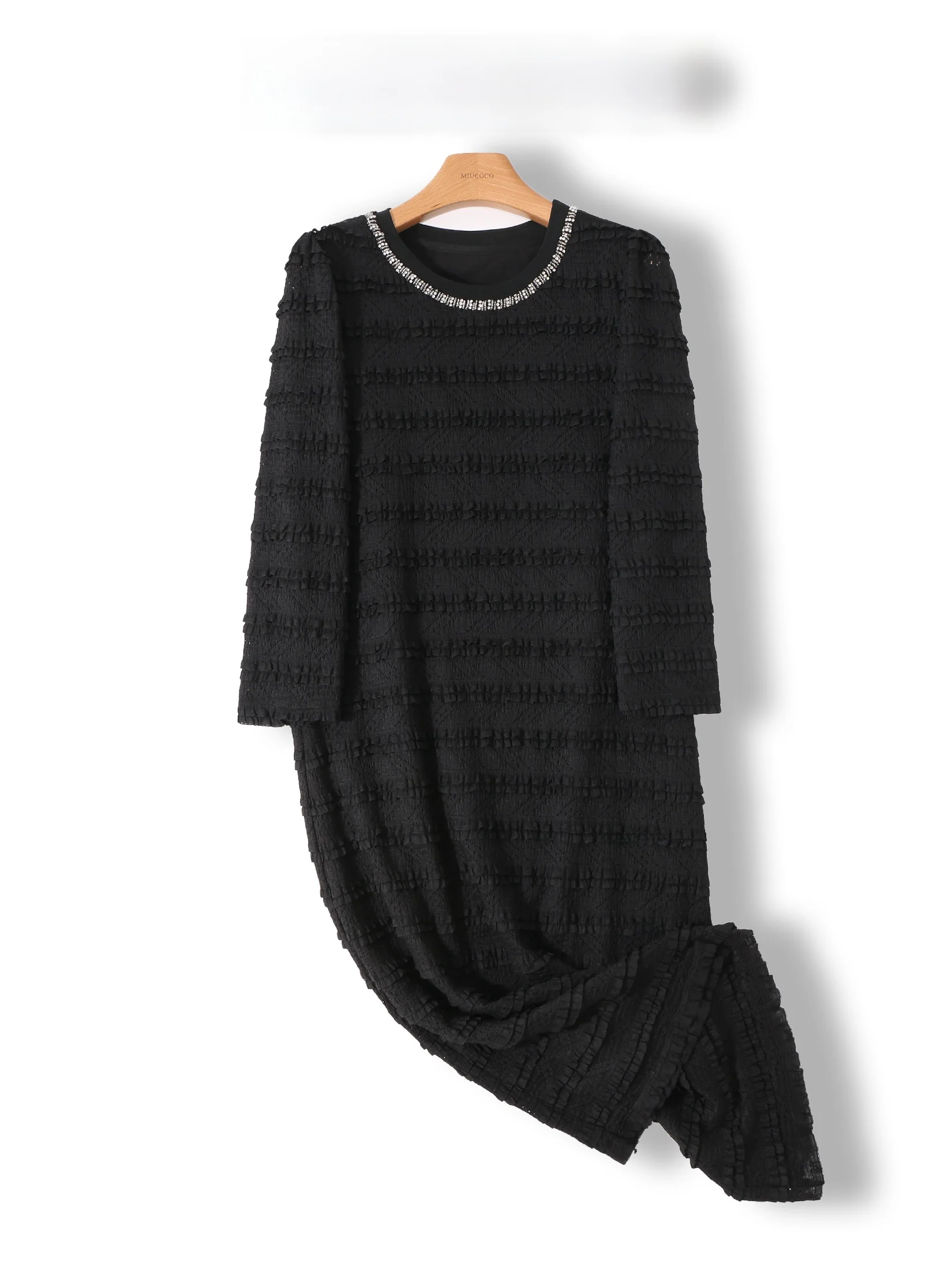 

Elegant round Neck Midi Dress Women's Heavy Embroidery Lace Striped Hollow out Long Sleeve Natural Waist Slim Fit Autumn Dress