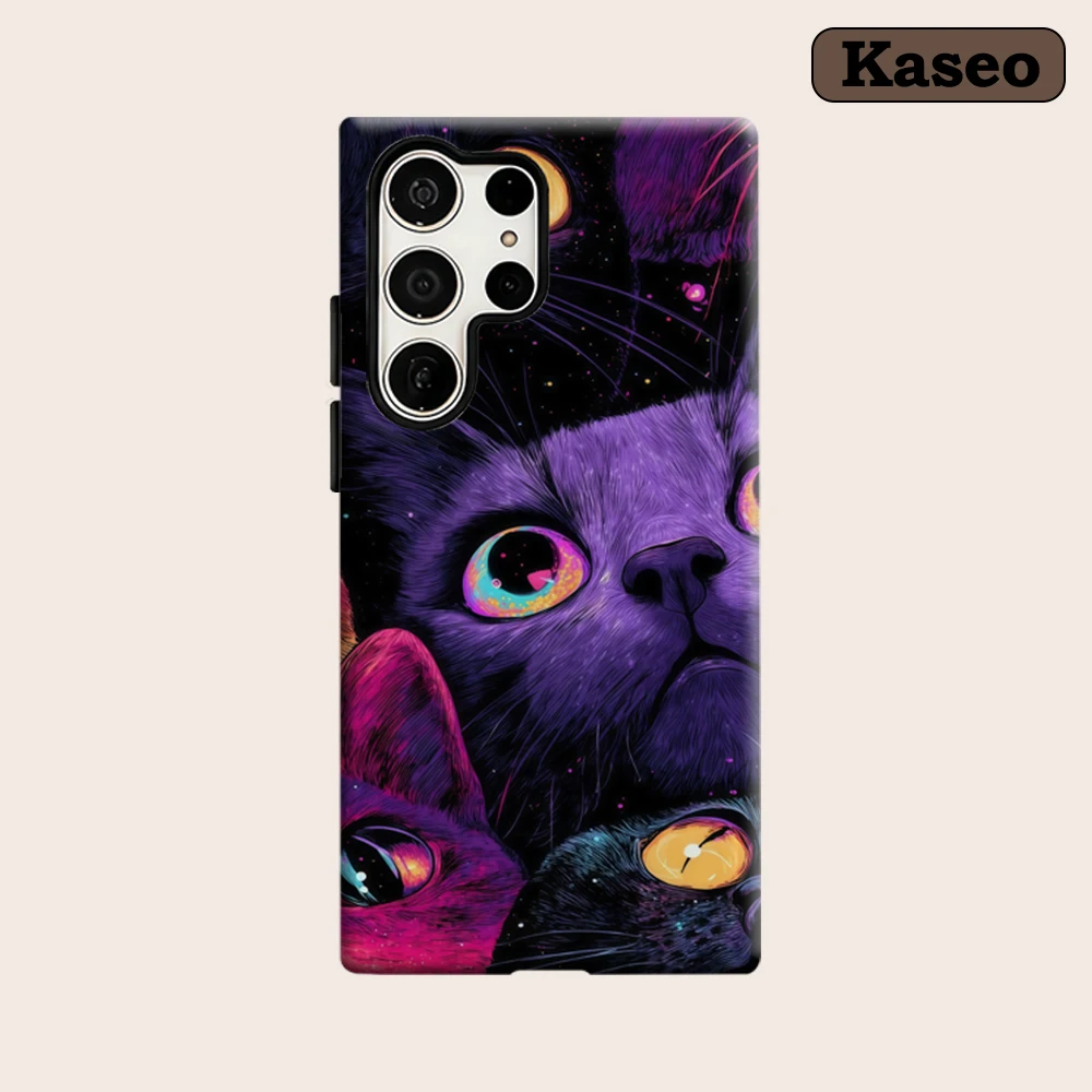 Kaseo Phone Case for Samsung Galaxy S26 S25 Ultra S24 S23 Ultra Plus Shockproof Double Layer Psychedelic Starry Cat Art Cover