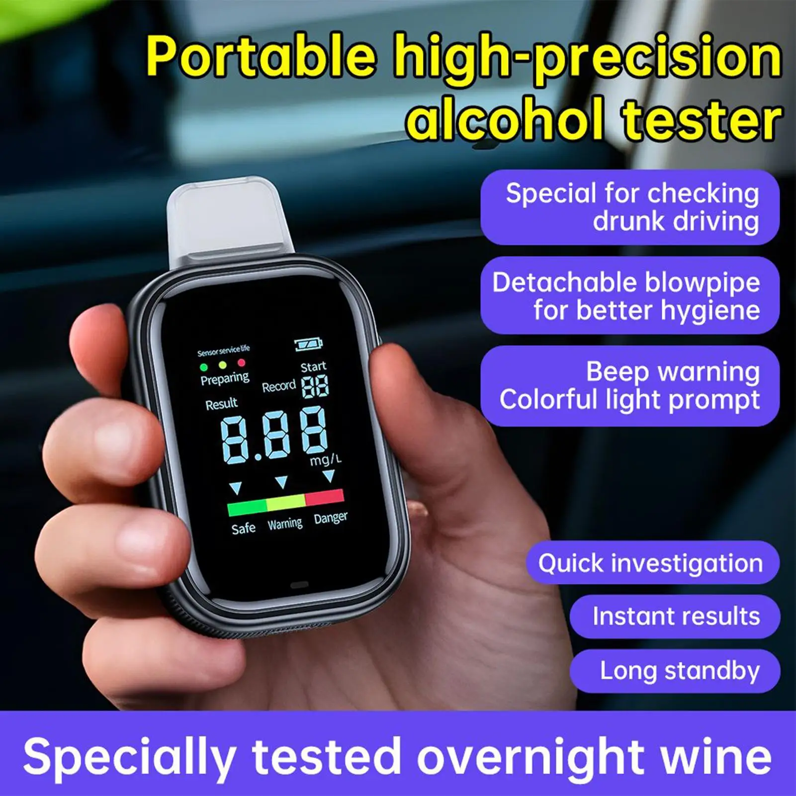 Portable Breathalyzer Digital Breathalyzer Detector Alcohol Testing Machine For Home Driving Car Outdoor Personal Travel Hiking