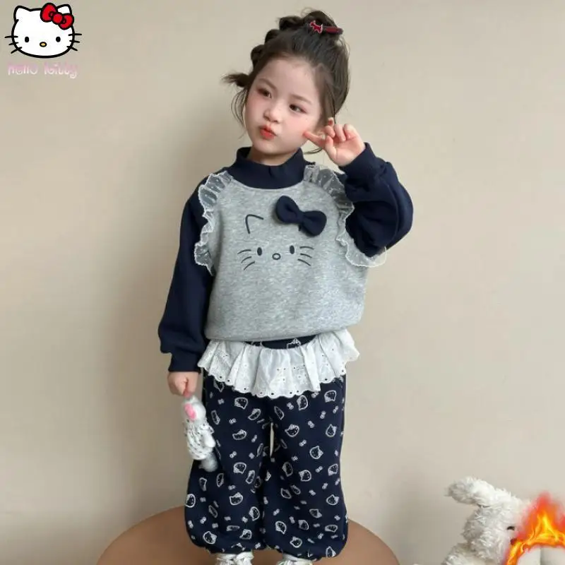 

Girls' thickened lace sweatshirt pant suit cartoon winter Anime new kawaii children's warm base shirt T shirt tops two piece set