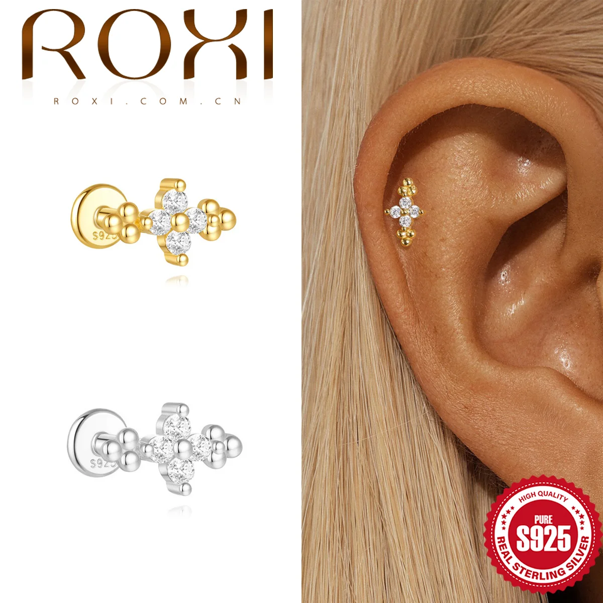 ROXI minimalista Plata de Ley 925 trébol de cuatro hojas para mujer hélice Piercing pendiente regalo diario delicado joyería fina de la suerte