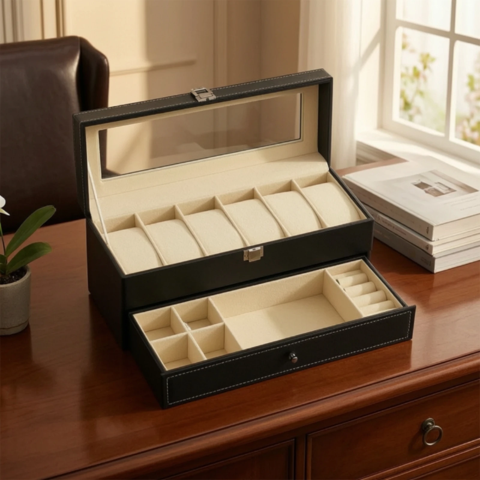 Watch Box with Drawer Multi-Functional Double Layer Watch Box for Dresser, Closet