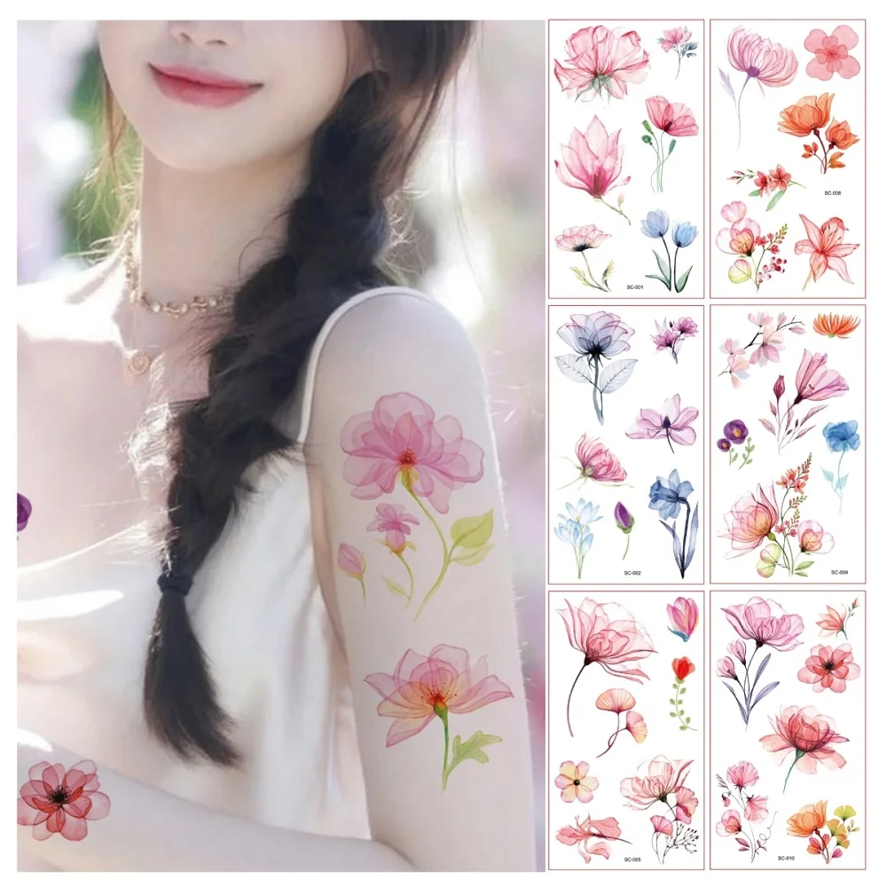 Watercolor Flowers Temporary Tattoo Sticker Disposable Camping Party Club Makeup Women Body Art Sexy Waterproof Travel Sweet