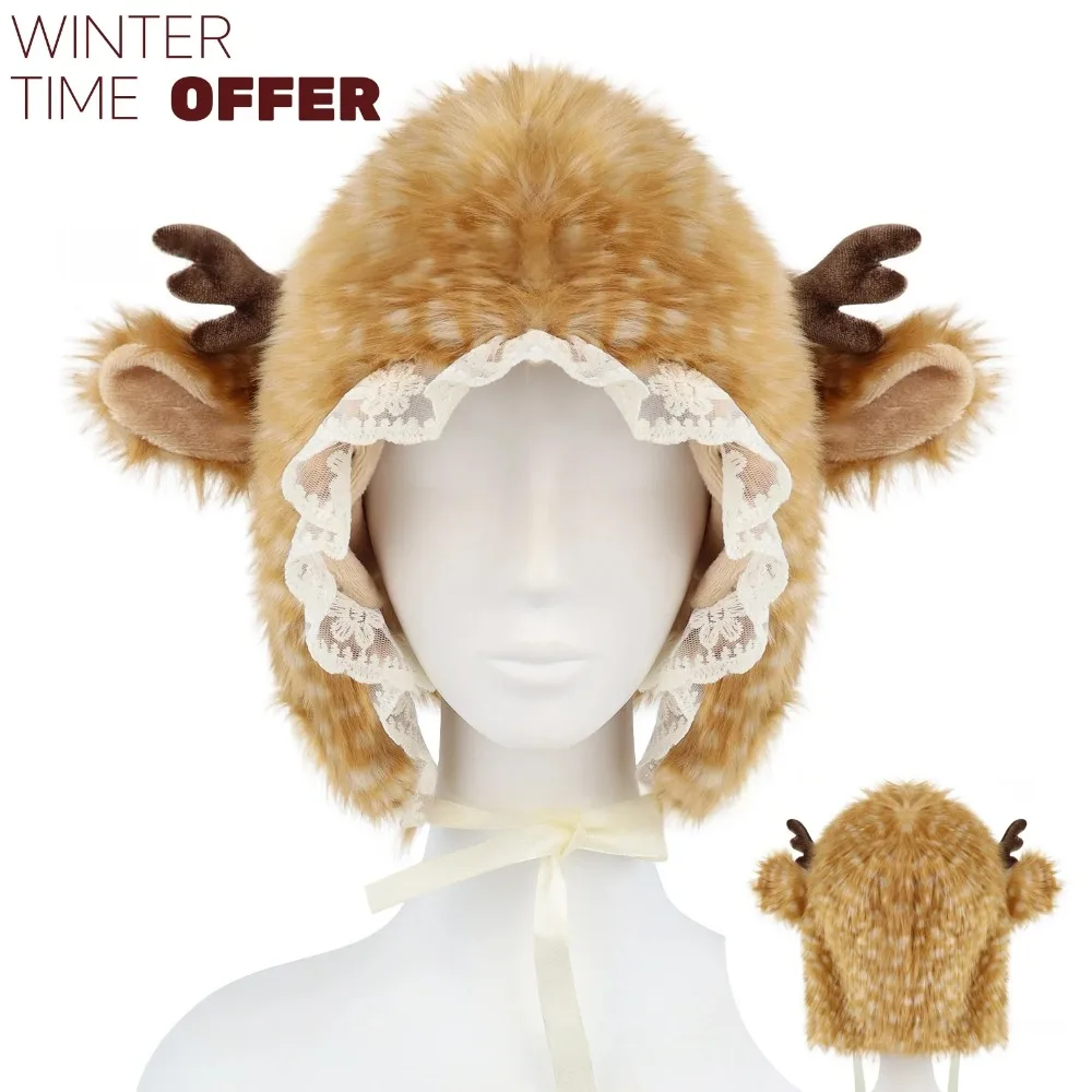 Christmas Women Autumn and Winter Reindeer Spot Ear Protection Hat Japanese Cute Warm Plush Cartoon Antler Earmuffs Hat