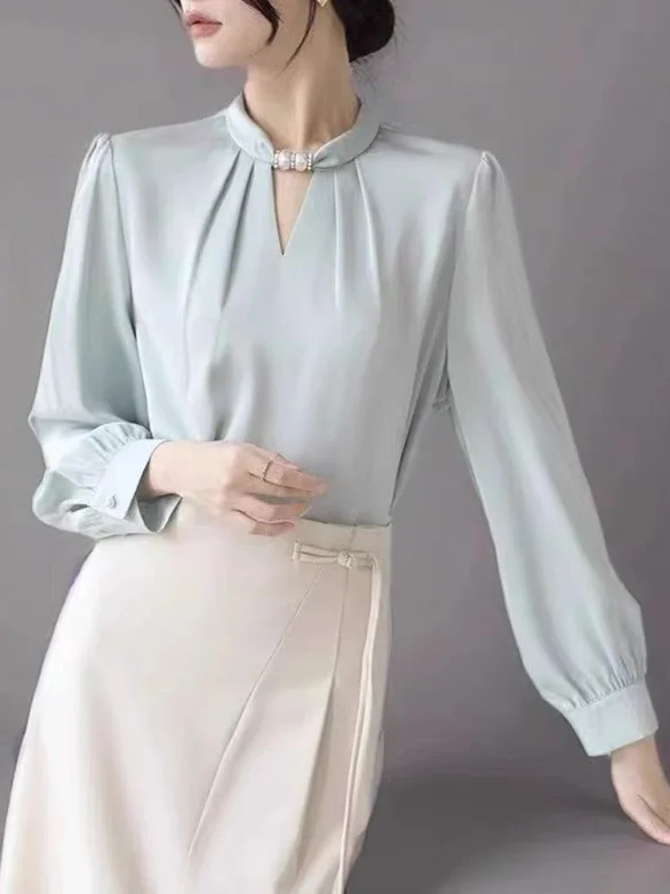 Women\'s Elegant Blouse Satin White Stand Collar Beaded Shirts Pullover Korean Fashion Temperament Office Lady Women Shirts New