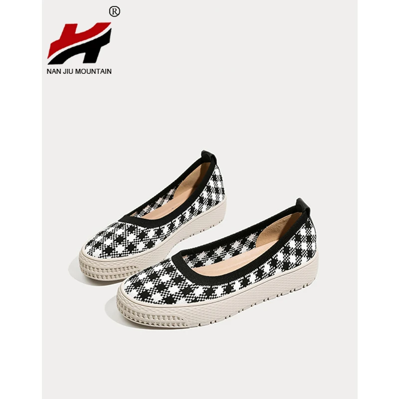 Flat Shoes Women Knitting Single Shoes Spring And Autumn Platform Loafers Latex Insole Printing Woman Shoes