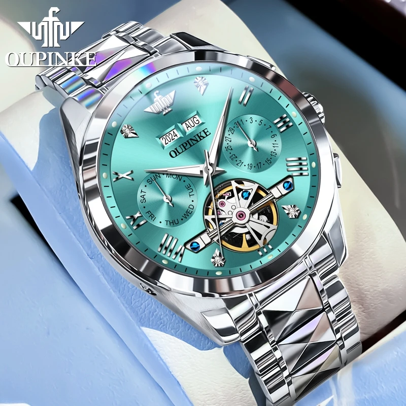 OUPINKE 3186 New Skeleton Flywheel Mechanical Watch for Men Tungsten Steel Strap Dual Calendar Luxury Business Automatic Watches