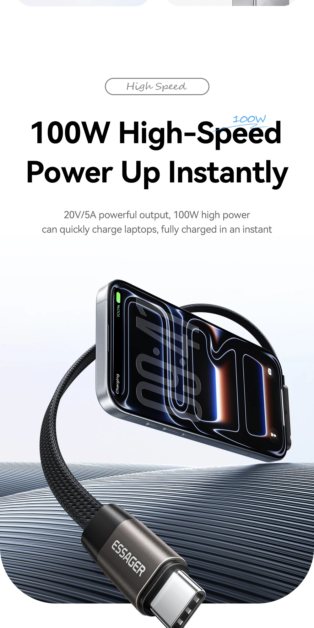 Essager 100W gebogenes USB-C-Kabel 100W für iPhone 17 16Pro Max, Typ-C-Kabel für Macbook Pro, Schnellladekabel für Huawei iPad – Detail 3