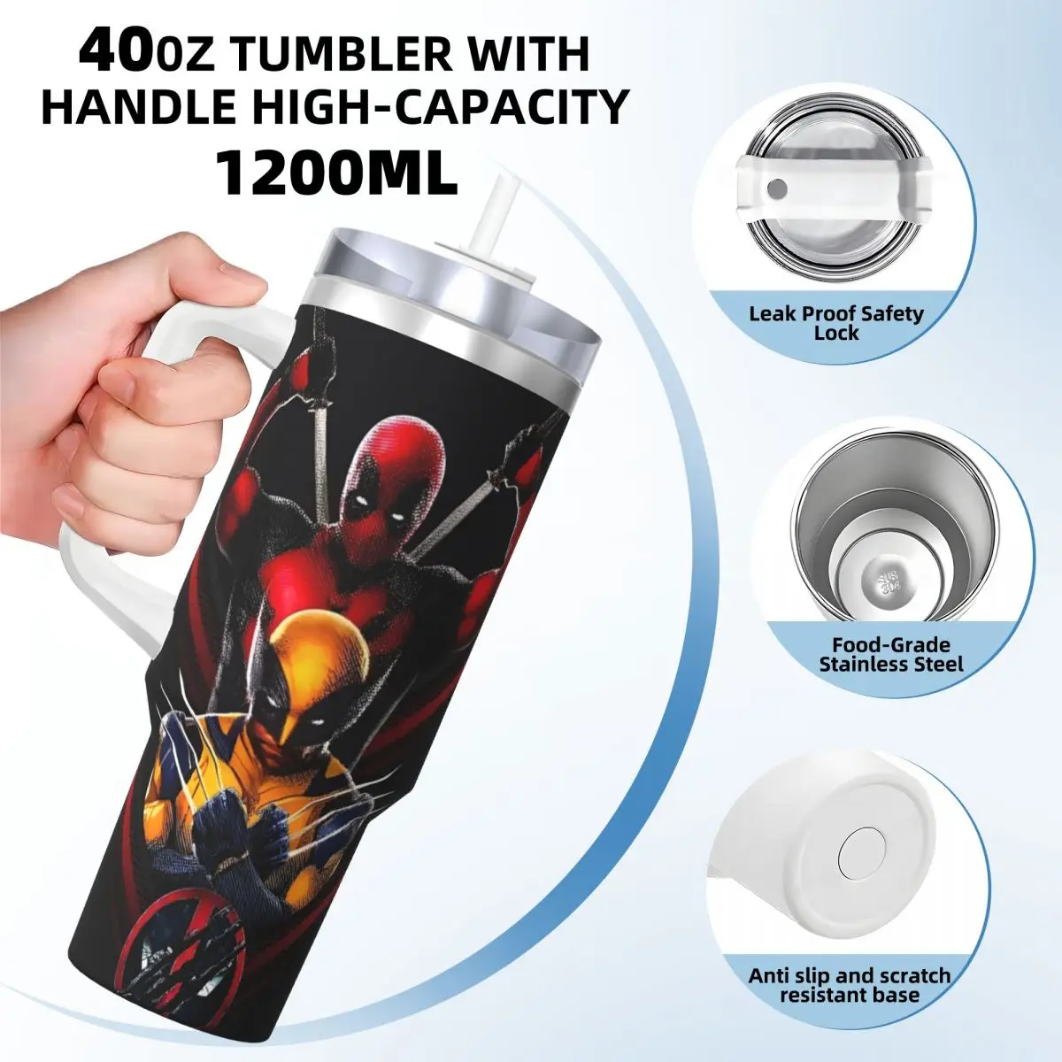 Deadpool Stainless Steel Tumbler Travel Mugs Cup 40oz Coffee Mug Leakproof Hot Drinks Milk Tea Water Bottle