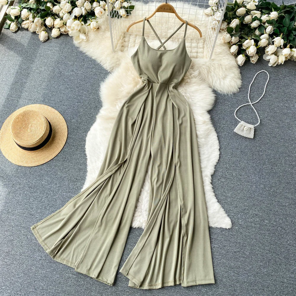 Sexy Spaghetti Strap Sleeveless Long Jumpsuit Women Fashion Summer Criss-cross Backless High Split Wide Leg Full Length Rompers