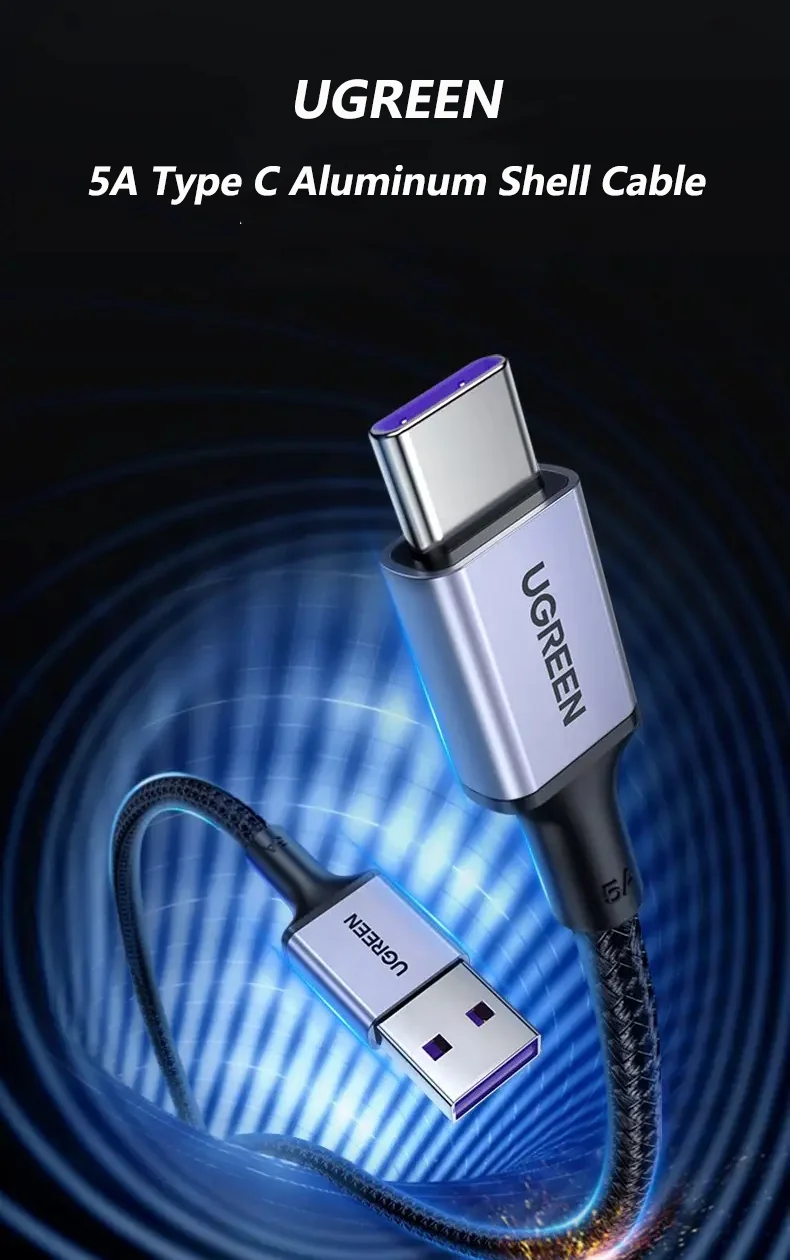 UGREEN Cable USB C USB2.0 5A Cable de carga rápida 66w USB a tipo C Cable Nylon trenzado tipo C cargador 480Mbps transferencia de datos