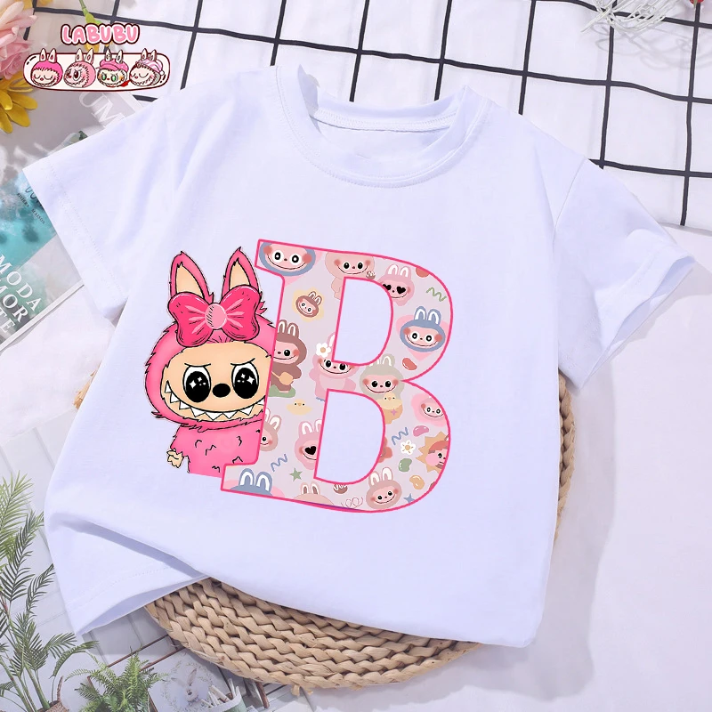 

26 Letter Printed Children Labubu T-shirts Letter A -Z Kid Tops Casual Tee Summer Short Sleeve T Shirt for Girl 2025 Clothing