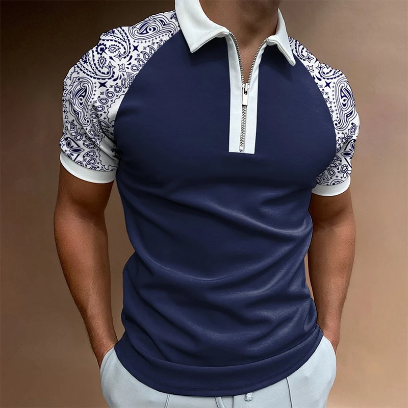 2022 Vintage Summer New Fashion Trend Fitness Casual Simple Polo Shirts Men Zipper Color Block Sports Patchwork Top Man Clothing